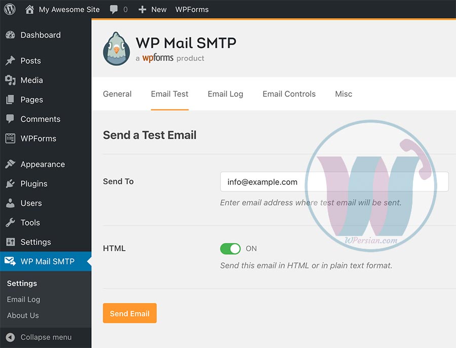 تست ارسال ایمیل در پلاگین WP Mail SMTP وردپرس برای حل مشکل ارسال نشدن ایمیل وردپرس